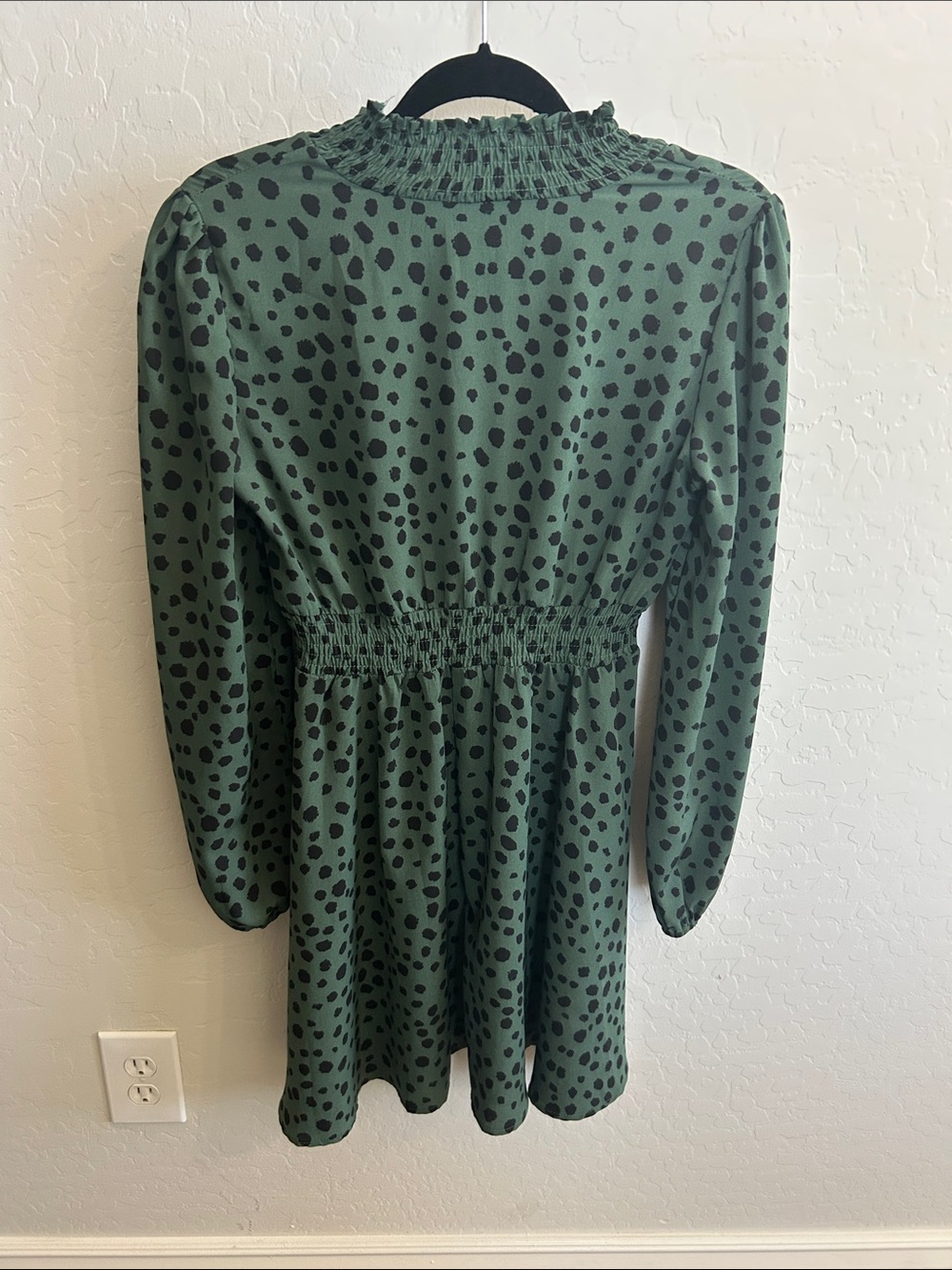 SHEIN Green Long Sleeve Smocked Waist Mini Dress with Black Spot Print